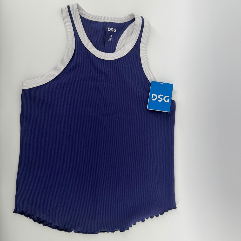 DSG Girls Large 14 Cotton Rib Tank Top Indigo Blue Racerback Lettuce‎ Edge NEW